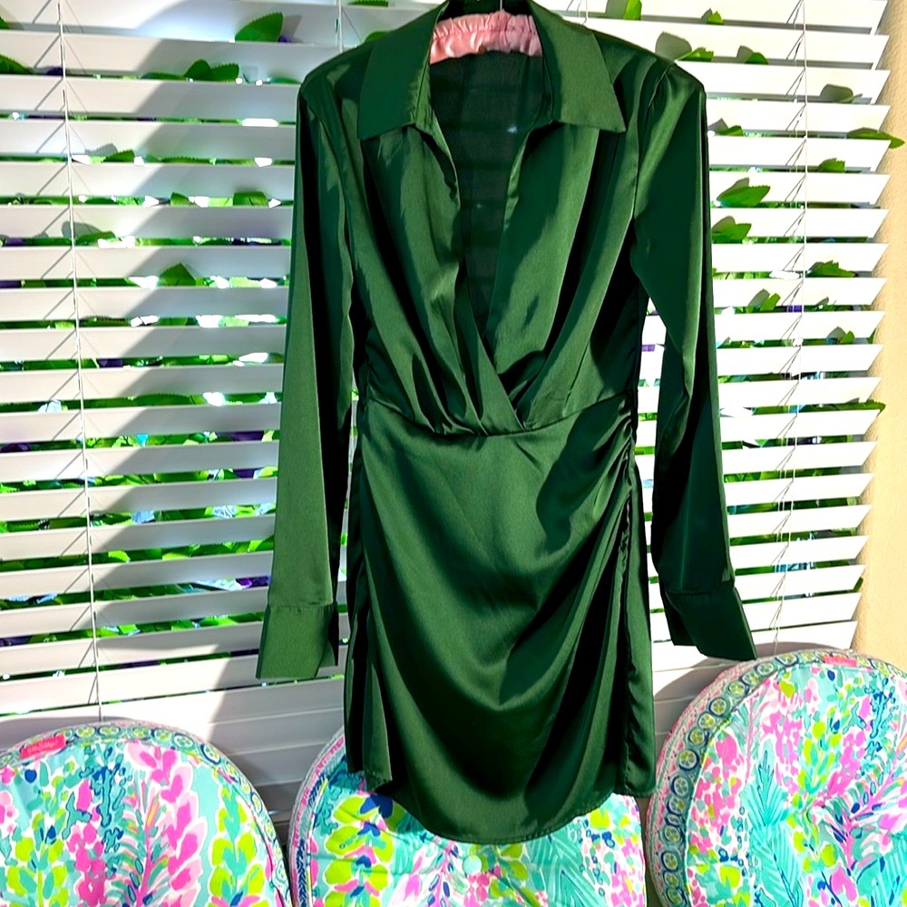 Cider satiny feel dark green wrap bodice dress with cuffs